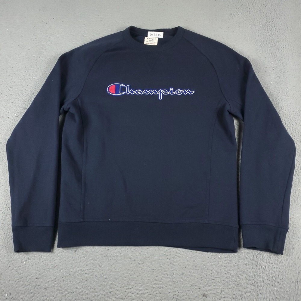 Champion Mens Navy Blue Script Logo Pullover Sweatshirt Size Medium Crew Neck